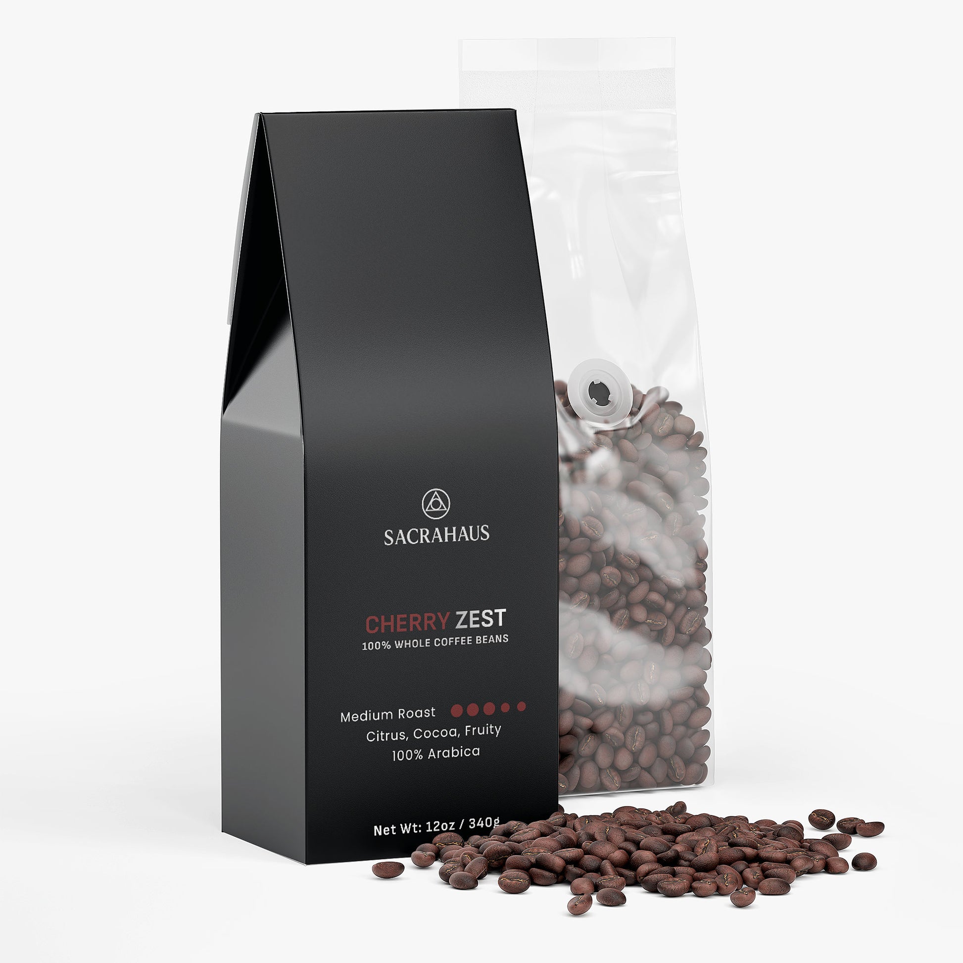 SACRAHAUS Cherry Zest Coffee Medium Roast with whole coffee beans in a resealable bag