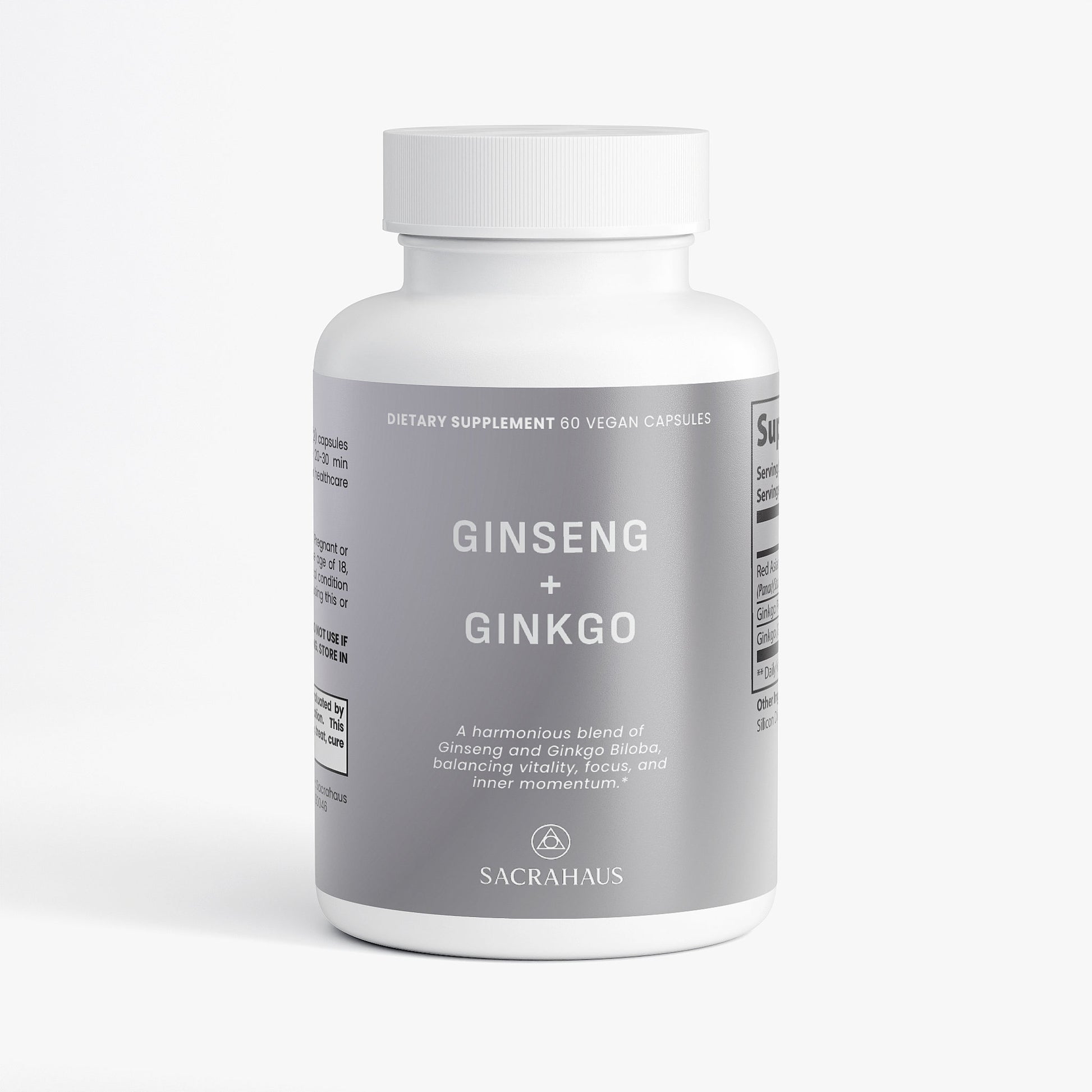 SACRAHAUS Ginkgo Biloba and Ginseng supplement in a white bottle with 60 vegan capsules for vitality