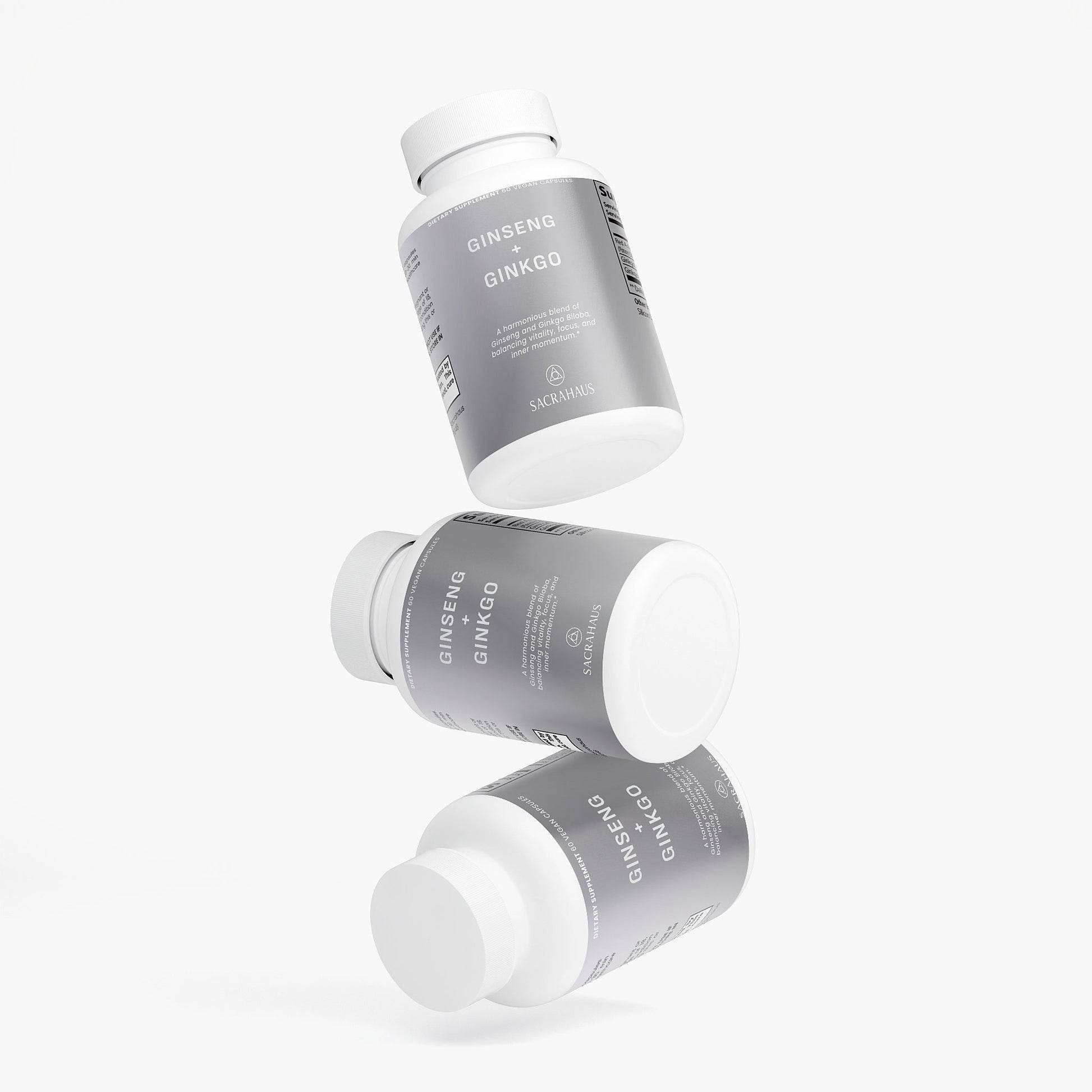 SACRAHAUS ginkgo biloba and ginseng supplement bottles stacked for optimal wellness support