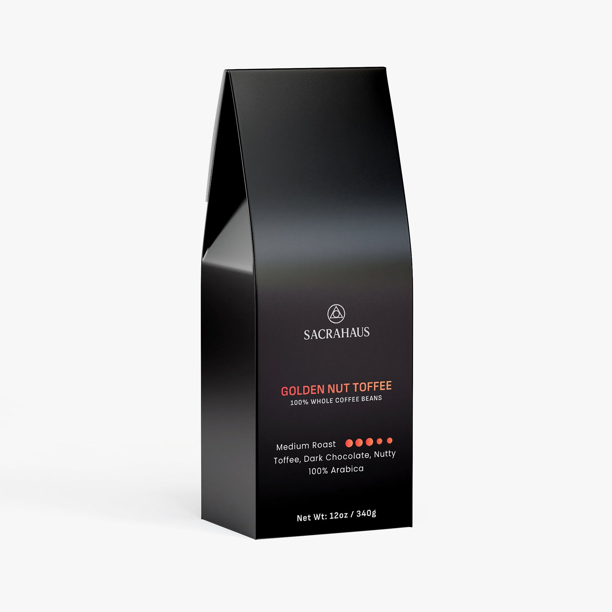 SACRAHAUS golden nut toffee coffee beans in a sleek black 12oz package with rich coffee notes