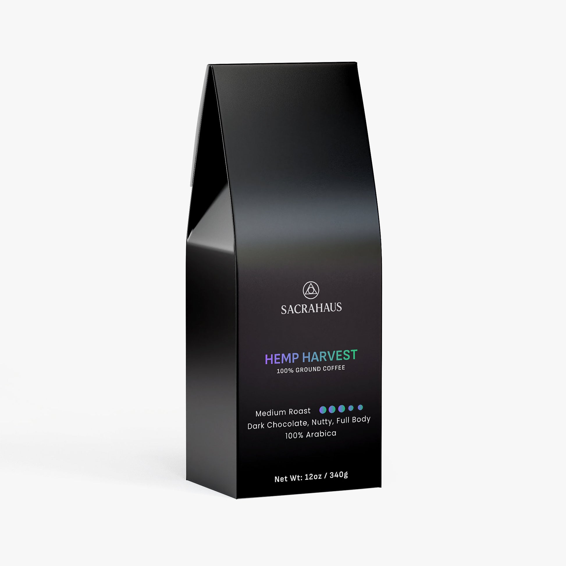 SACRAHAUS Hemp Harvest 12 oz package of hemp coffee medium roast with dark chocolate and nutty flavor
