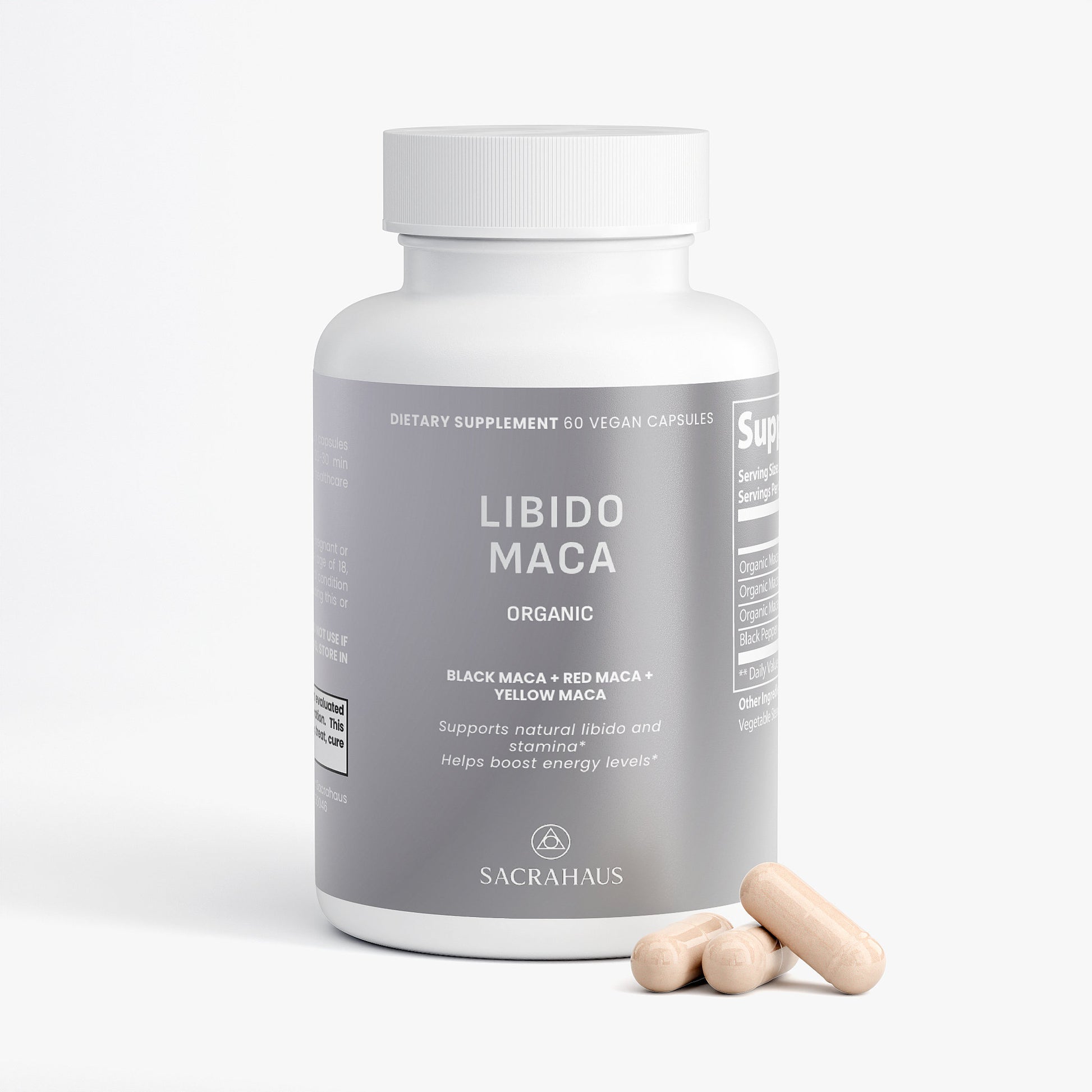 SACRAHAUS organic maca supplement in a bottle with vegan capsules for enhancing libido and energy levels