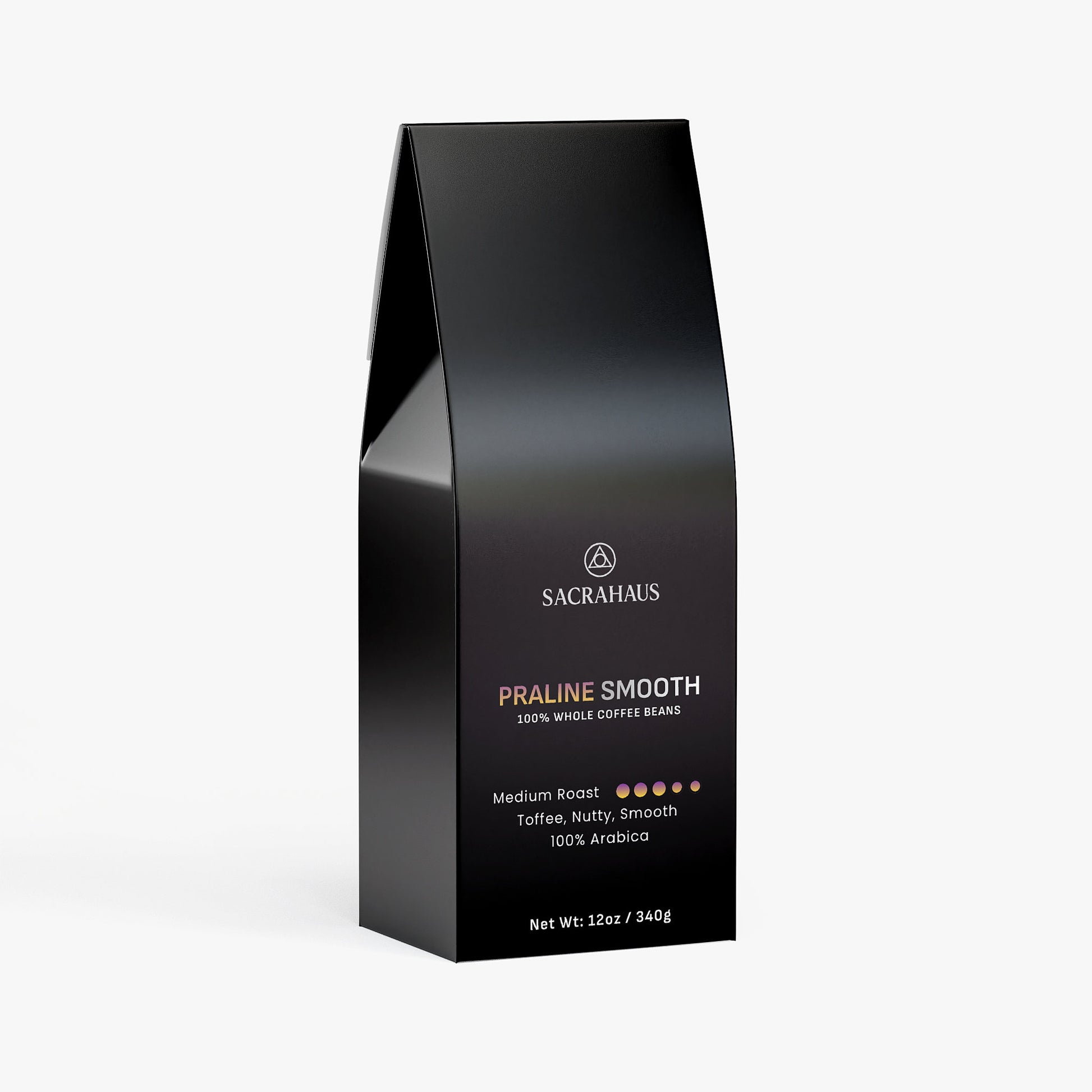 SACRAHAUS Praline Smooth coffee beans in a black 12oz bag with medium roast and nutty flavor