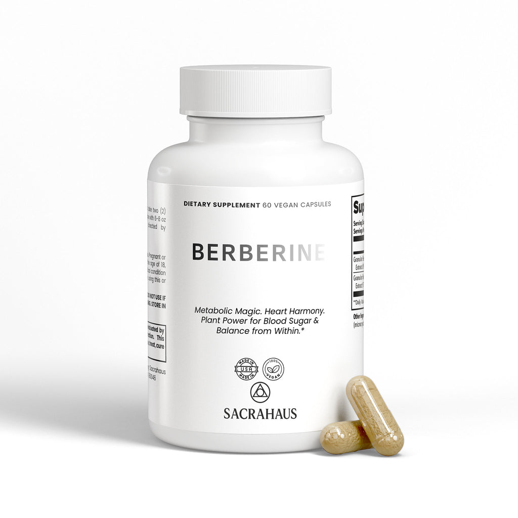 SACRAHAUS vegan berberine supplement in a white bottle with natural capsules for metabolic health