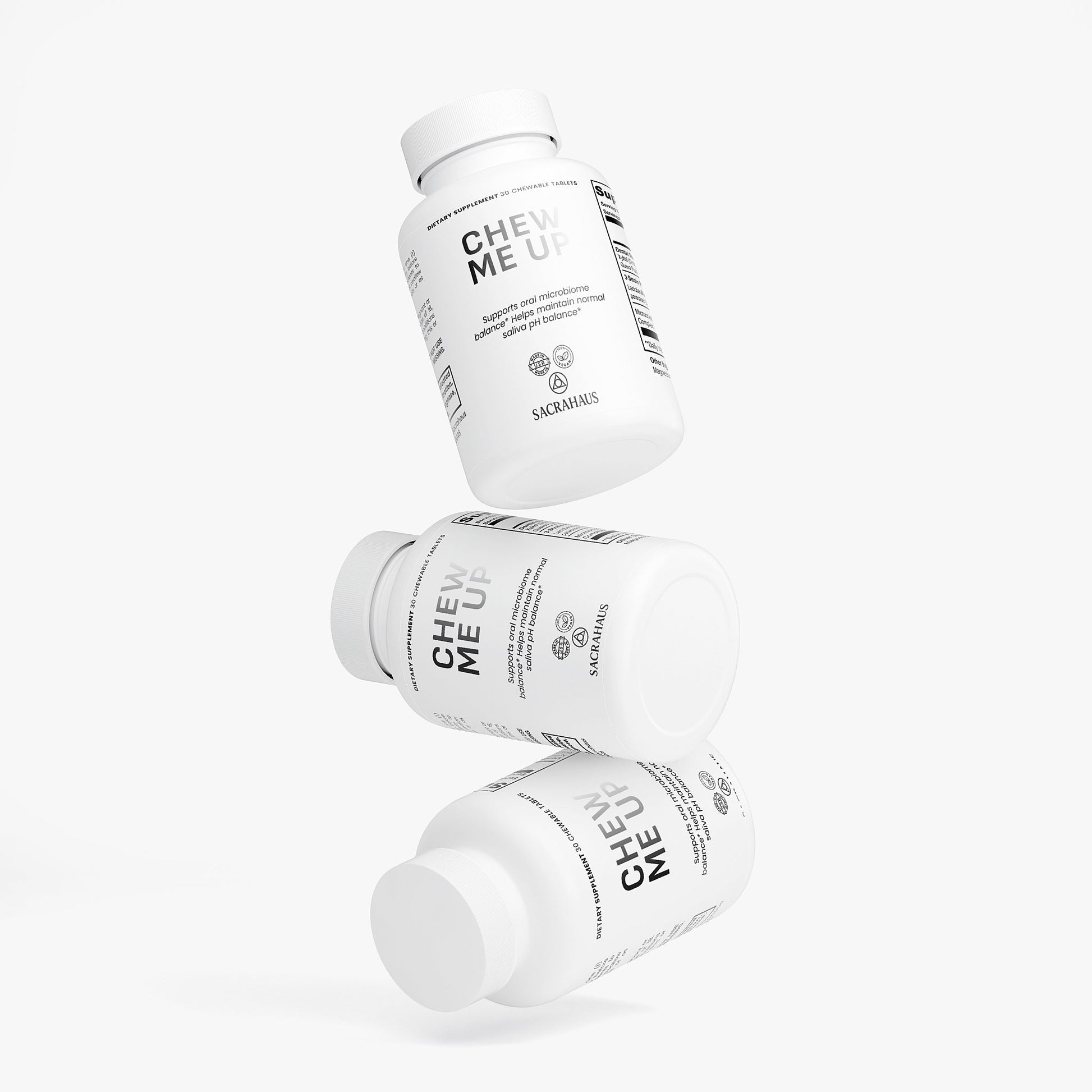 SACRAHAUS vegan dental health chewables in a floating arrangement for oral care support