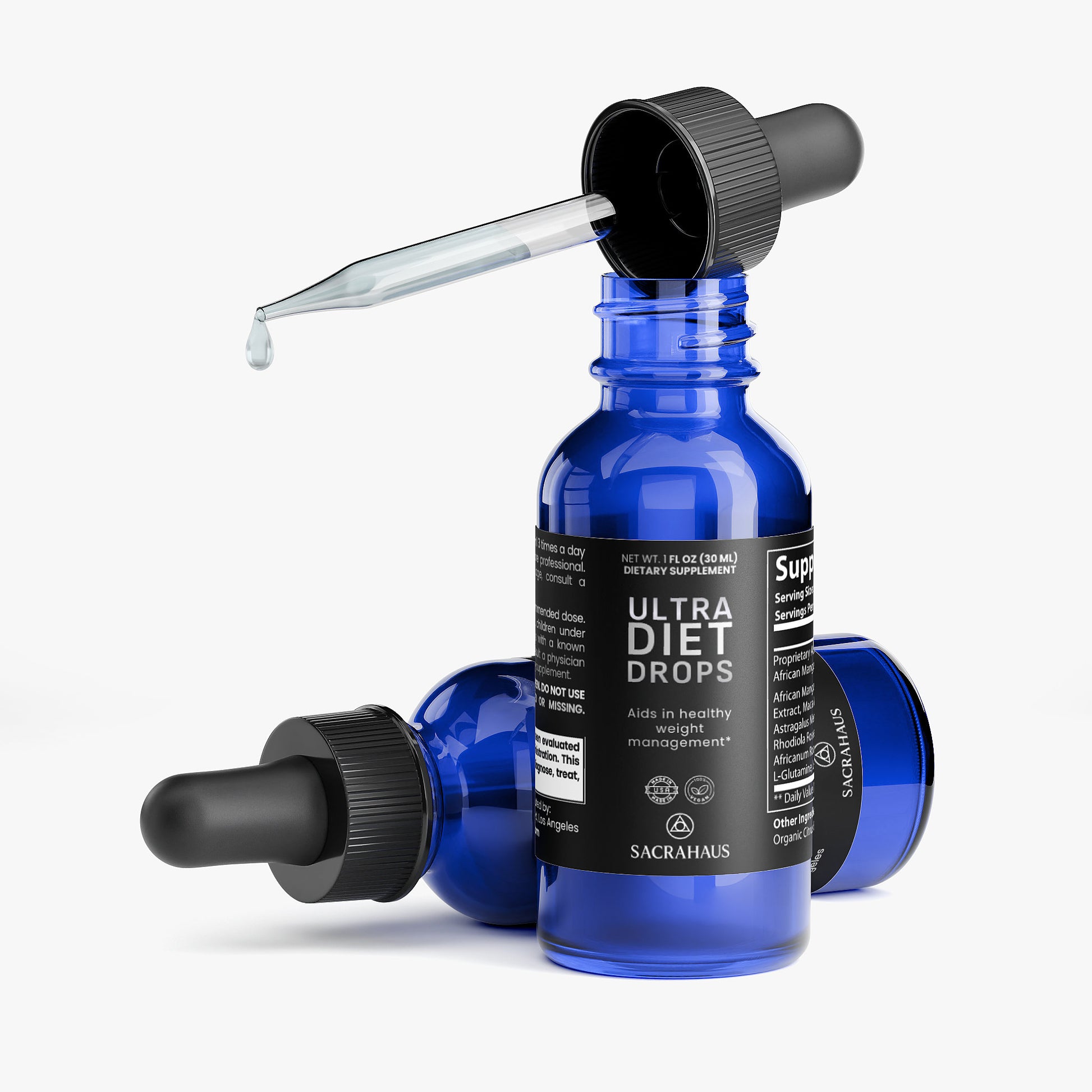 SACRAHAUS Ultra Diet Drops in Blue Bottle for Weight Management, promoting vegan diet drops for weight loss