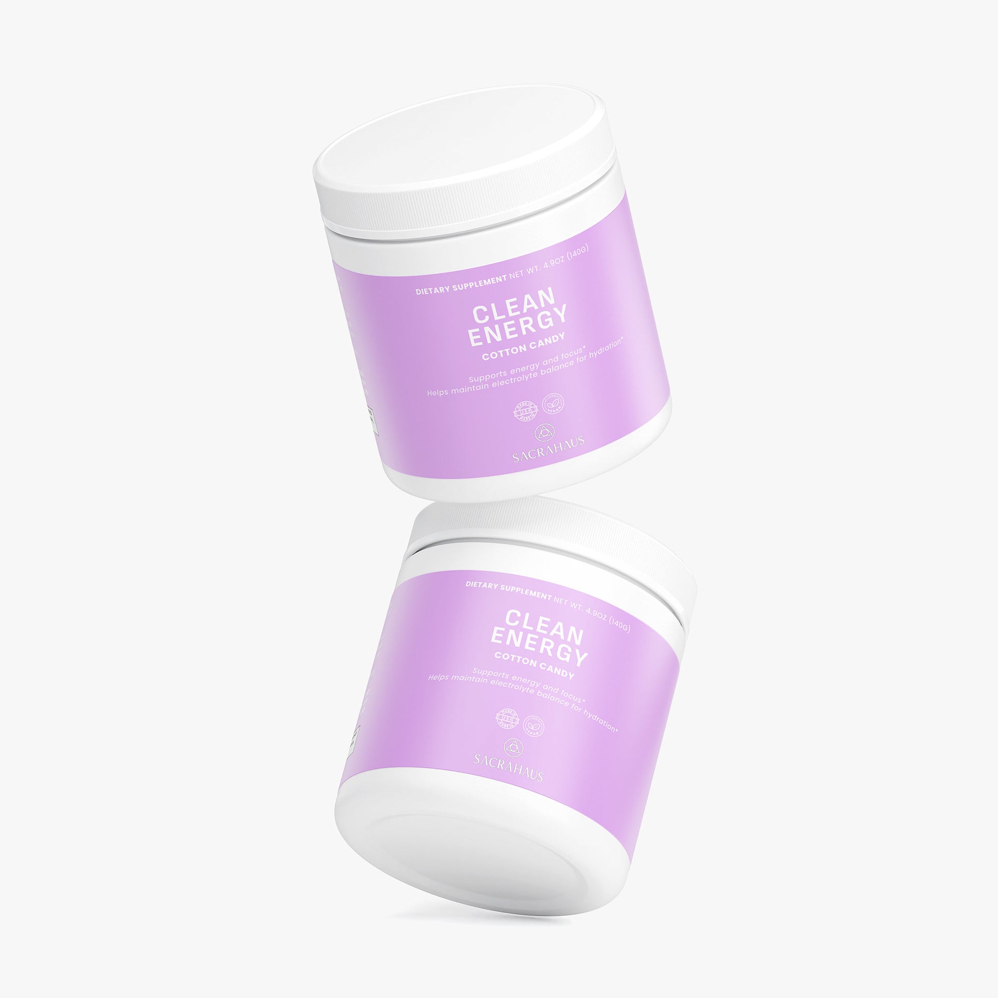 SACRAHAUS vegan energy powder cotton candy in a clean energy supplement container