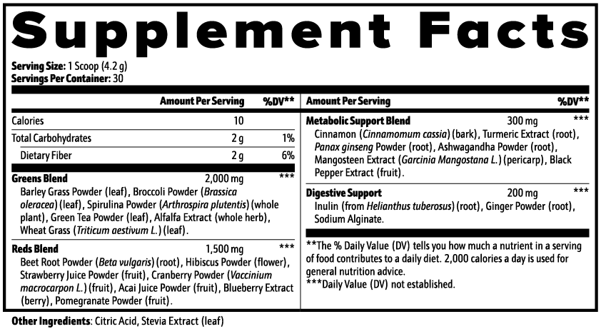 SACRAHAUS vegan green superfoods powder supplement facts label with nutrition information and ingredient details