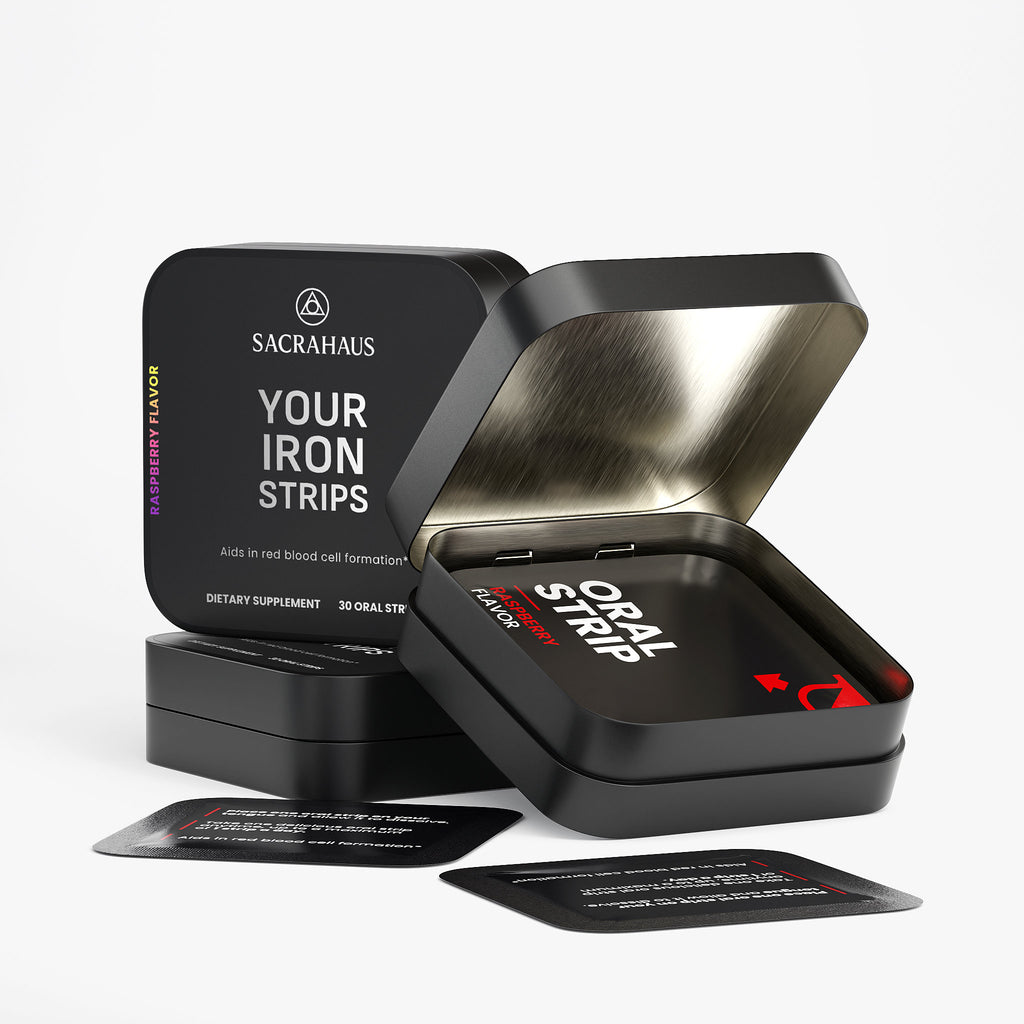 SACRAHAUS vegan iron supplements in a sleek black tin with oral strips for easy consumption