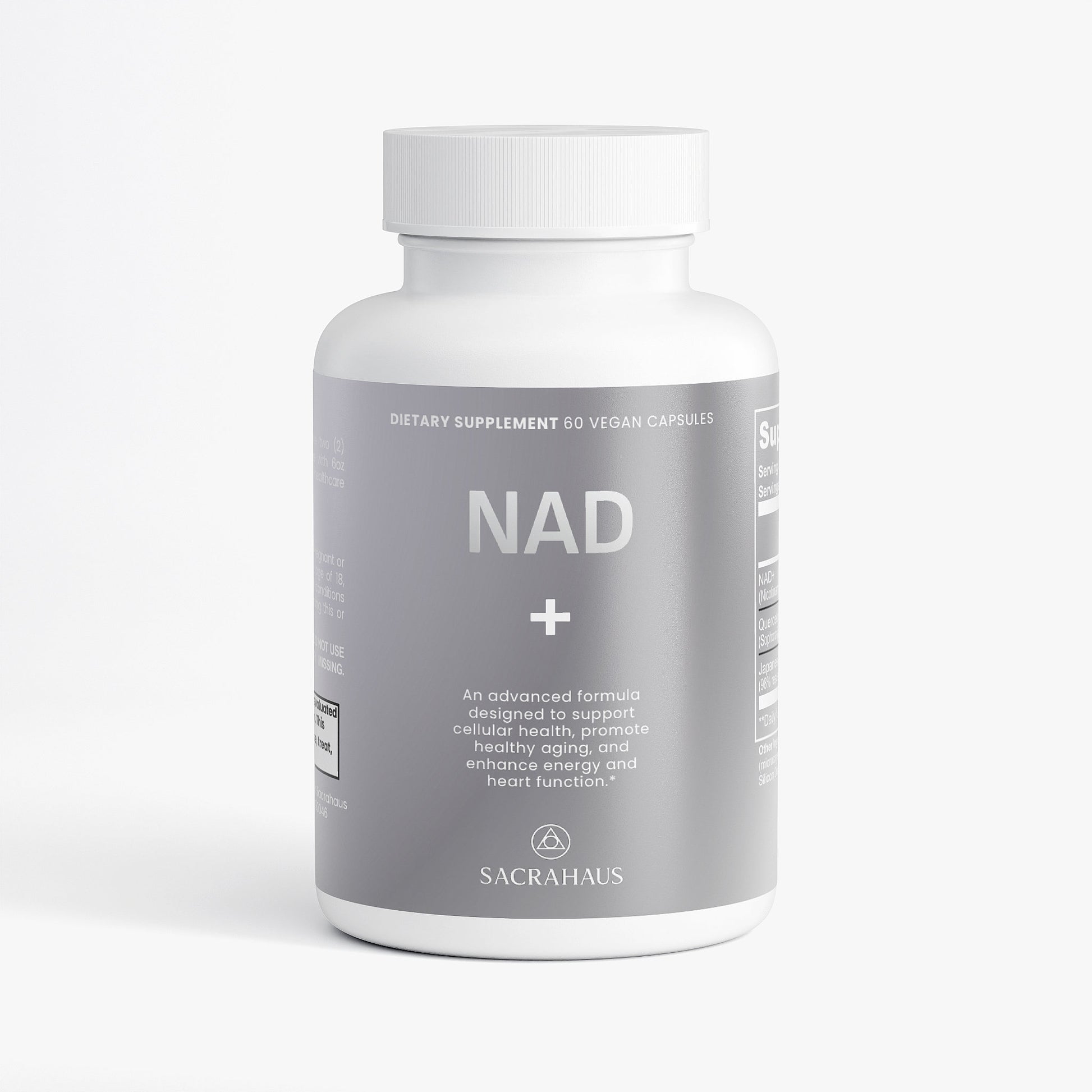 SACRAHAUS vegan NAD+ supplement in a bottle with 60 capsules for cellular energy support